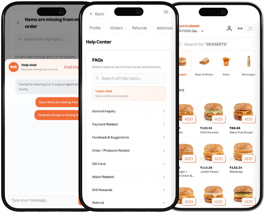 SVS Food help — chat, Help Center, and menu on the website